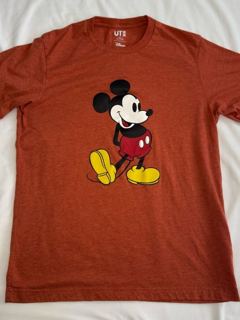 Uniqlo Disney Mickey Mouse T-Shirt Rust Orange M Graphic Casual Tee Cotton